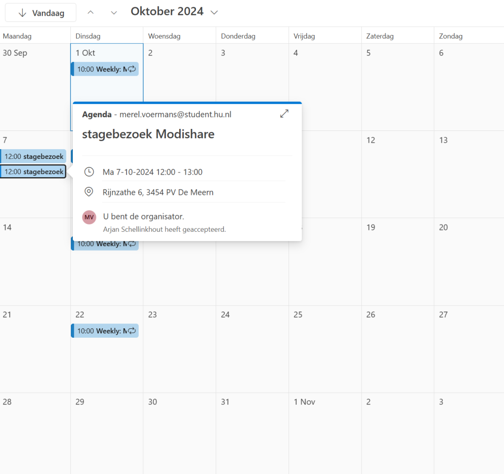 de afspraak met mijn stagebegeleider in mijn agenda